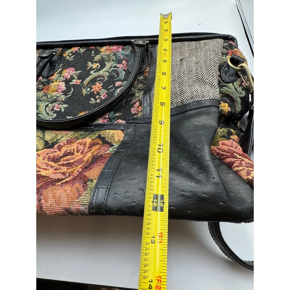 Bueno Mixed Media Satchel Bag Floral Tapestry Croc Embossed Black Large Tote